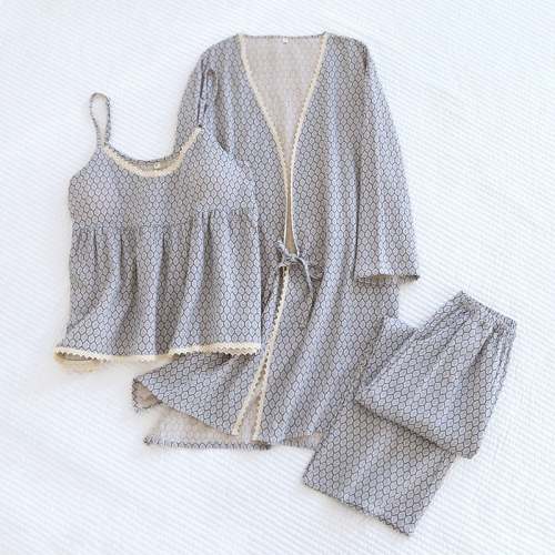 Floral V Tank and Long Pants with Cardigan Cotton Pajama Set / Blue