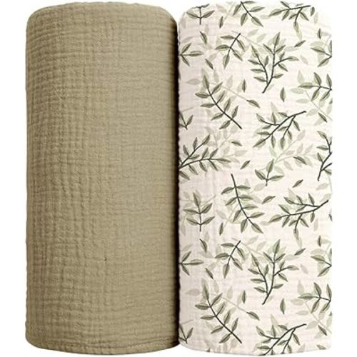 lulumoon Muslin Swaddle Blankets for Baby: Cotton & Soft Receiving Blanket for Newborn with Leaves Printed- Neutral Gift for Baby Shower 2pack(Olive Leaf)