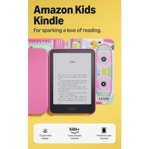 Amazon Kids Kindle 16GB (newest model), Now thinner and lighter, 6" glare-free display, weeks of battery, includes 1 year of books and Bookman cover
