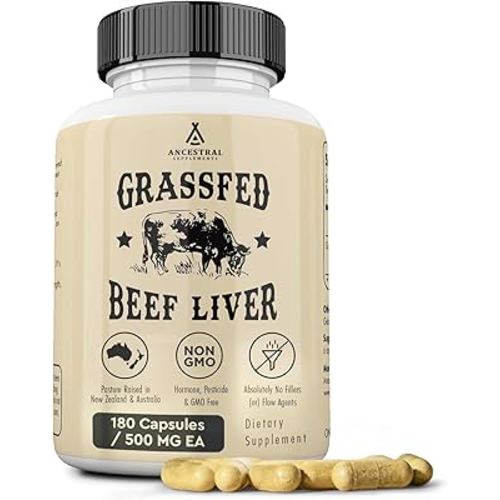 Ancestral Supplements Grass Fed Beef Liver 180 Capsules, Supports Energy Production, Detoxification, Digestion, Immunity and Full Body Wellness, Non-GMO, Freeze Dried Liver Health Supplement