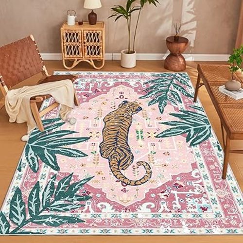 6x9 Washable Non-Slip Pink Tiger Rug for Living Room Bedroom Dining Room Neutral Vintage Tropical Animal Print Jungle Rug Soft Cozy Whimsical Woodland Large Carpet for Girls Room Playroom