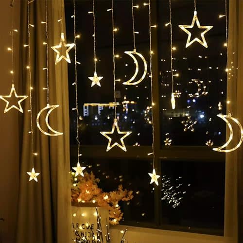 LED Star Moon Curtain Decorative Lights, Ramadan Window Curtain Fairy String Lights, Remote Control & USB Plug, 8 Lighting Modes,for Indoor,Home Holiday,Party,Ramadan Decorations