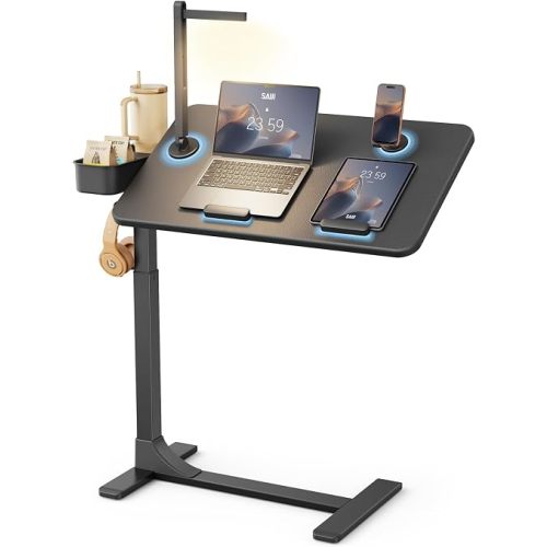 SAIJI Magnetic Overbed Bedside Table with Wheels, Height and 360° Angle Adjustable Over Bed Desk with Led Light, Portable Lengthened Rolling Laptop Standing Desk Mobile Bed Tables Hospital Home Use