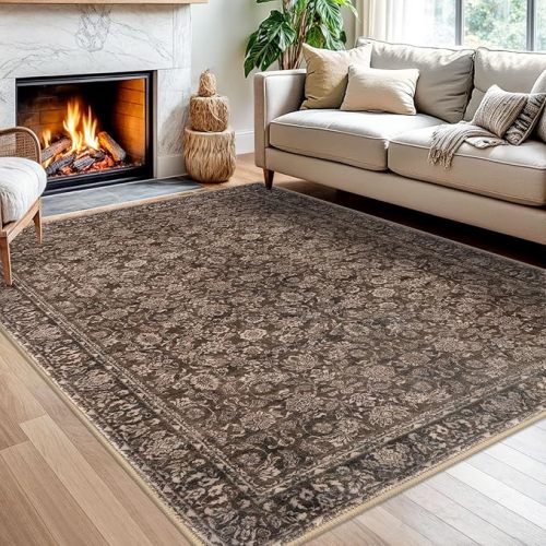 5x7 Area Rug for Nursery, Rust Reddish Brown Large Vintage Neutral Rug with Non-Slip, Washable Rugs for Living Room, Soft Traditional Floral Carpet for Farmhouse Dining Room Office Home Décor
