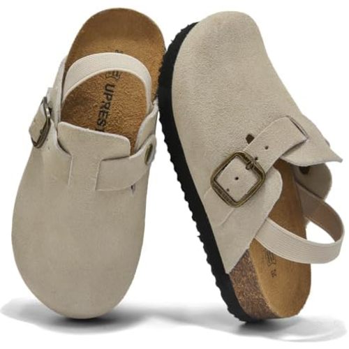 UpResty 100% Genuine Suede Toddler Kids Clogs with Arch Support, Boys Girls Infant Clogs with Comfort Memory Foam Insole, Non Slip Cork Footbed Mules for Kid with Adjustable Straps