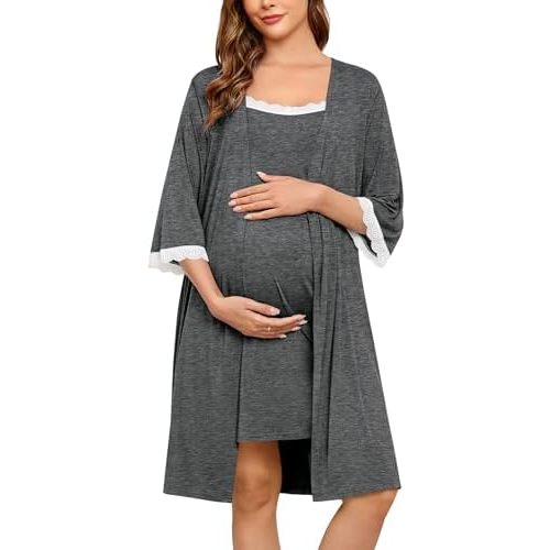 SWOMOG Lace Maternity Nursing Gown and Robe Set Double Layer Labor Delivery Nursing Hospital Nightgowns for Breastfeeding
