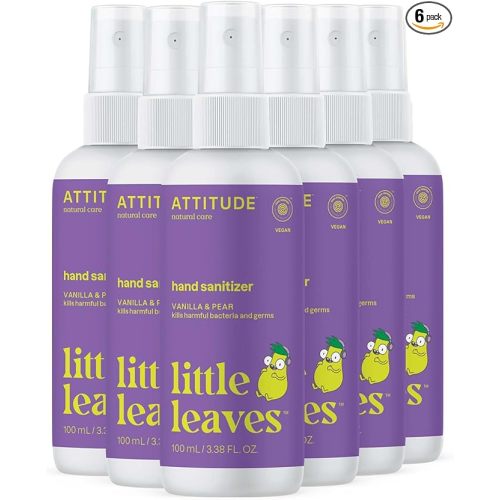ATTITUDE Hand Sanitizer Spray for Kids & Adults, EWG Verified, Travel Size, Dermatologically Tested, Plant and Mineral Based, Vegan, Vanilla & Pear, 3.5 Fl Oz (Pack of 6) (Spray Bottle)