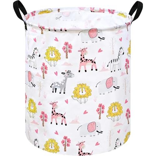 Kids Laundry Hamper Clothes Gift Basket Storage Laundry Baskets Organizer Bin with Handles for Nursery Room (Pink Zoo)