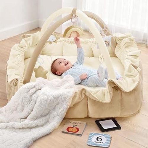 Little Dove 5-in-1 Plush Baby Play Gym, Tummy Time Mat with Blanket and 6 Sensory Toys, Baby Play Mats, Convertible Baby Gym for Sensory Development from Newborn to Toddler, Cream