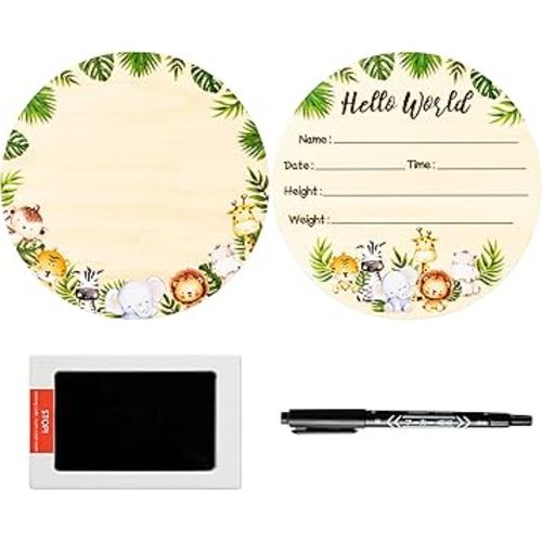 R HORSE Baby Birth Announcement Sign with Marker Pen, Safari Animals Baby Name Sign with Ink Pad for Hand and Footprints, Wooden Hello World Newborn Announcement Nursery Decor Keepsake Gifts