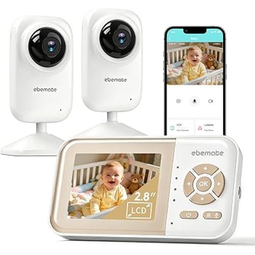 ebemate Video Baby Monitor with 2 Cameras |1200FT Range | Real-Time Temp & Feeding Alerts | No-Glow Night Vision | 2-Way Talk Audio | Baby Camera Monitor with 2.8" LCD Screen