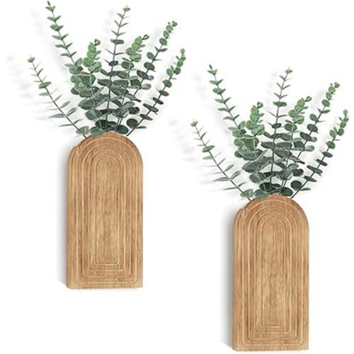 Dahey Wood Wall Planter Vase with Artificial Eucalyptus, 2 Pack Hanging Planter for Indoor Fake Plants Modern Boho Farmhouse Wall Art Decor for Bathroom Bedroom Kitchen Office Home Decoration, Natural