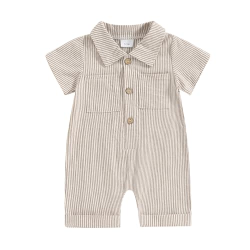 niceclould Baby Boy Vertical Striped Romper with Pockets One Piece Lapel Neck Short Sleeve Buttons Jumpsuit Spring Summer