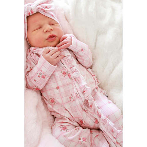 Ruffle Zipper Bamboo Footie in Primrose Plaid | Caden Lane