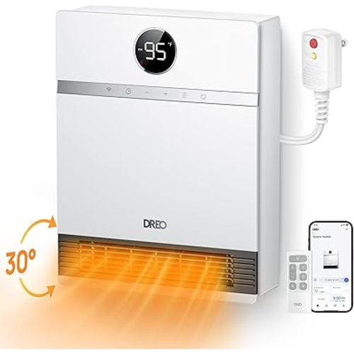 DREO Smart Wall Heater for Bathroom, IP24 Electric Space Heater with ALCI Plug for Indoor Use, 30° Oscillation, Adjustable Thermostat, Remote Control, Works with Alexa, 24H Timer, Easy-mounted Heater