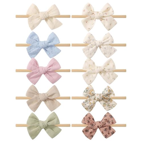 10 Pack Baby Girl Headbands with Bows, Soft Nylon Newborn Headbands