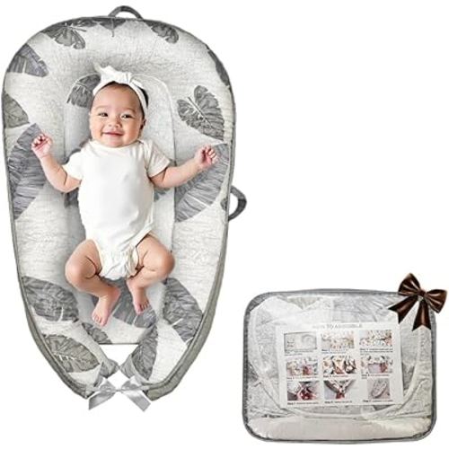 Baby Lounger for Newborn 0-24 Months – Soft & Breathable Infant Nest, Co-Sleeping Pillow, Adjustable Cotton Floor Seat, Newborn Essentials Gift (Grey White Leaves)
