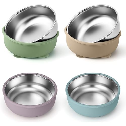 BUSOHA 4 Pack Stainless Steel Baby Bowls with Suction – 2-in-1 Toddler Feeding Plates Heat-Resistant Spill-Proof Suction Bowls for Kids Baby Toddler Food Feeding
