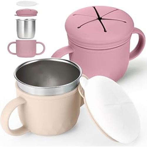 Mity rain 2-Pack Stainless Steel Snack Containers, 4-in-1 Spill proof Snack Cups With Silicone Lid and Handle, Dishwasher Safe Travel Snack Containers for Kids and Infants ((Pink + Yellow)