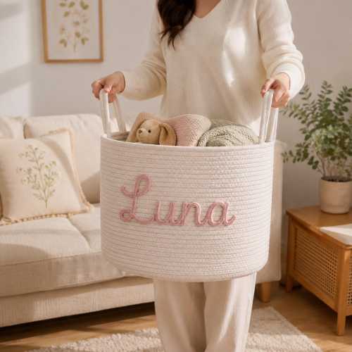 Custom Name Storage Basket, Personalized Handmade Woven Organizer, Nursery And Home Basket For Toys,Fun Pet Supplies And Everyday Essentials