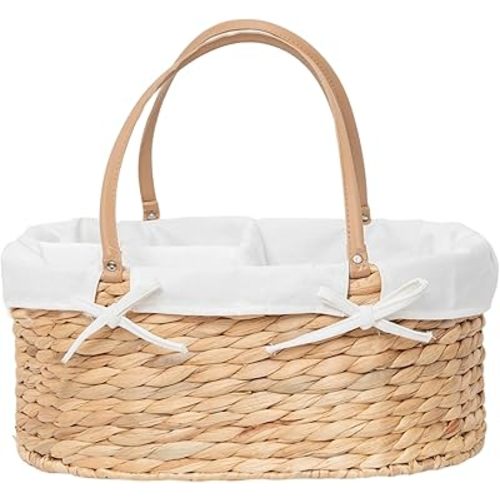 Handwoven Wicker Diaper Caddy Organizer, Multi - functional Baby Diaper Bag for Nursery & Home Storage, Detachable Lining, PU Handles, Baby Registry Must Haves (Water hyacinth)