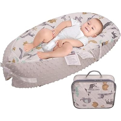 Baby Lounger, Ultra Soft Breathable Cotton Multiple Patterns, Removable Washable Cover, Portable & Adjustable, Perfect for Tummy Time, Newborn Shower (Pattern Animals&Dimples)