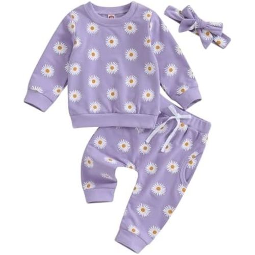 3Pcs Baby Girl Outfits Daisy Sweatshirt + Pants + Headband Infant Fall Winter Clothes