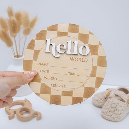 Baby Announcement Sign 6.5 Inch Wooden Hello World Newborn Welcome Sign Birth Name (Checkered)