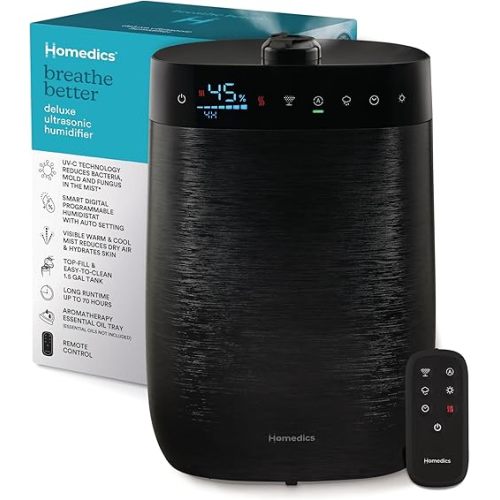 Homedics Deluxe Ultrasonic Humidifier for Large Rooms, Warm or Cool Mist, UV-C Technology, 1.5-Gallon Top Fill Tank, Smart Digital Programmable Humidistat, Home Dry Air Relief, Aromatherapy