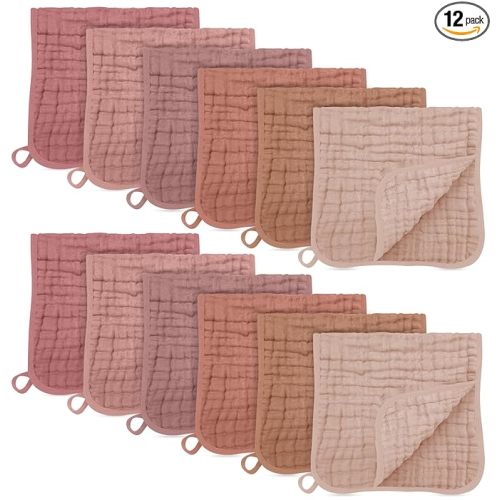 SWEET DOLPHIN 12 Pack Muslin Burp Cloths Large 100% Cotton Burping Clothes for Baby Drool - Absorbent and Soft Boys & Girls Milk Spit Up Rags for Newborn Essentials Registry - Muted Terracotta