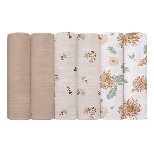 Gllquen Baby Muslin Receiving Blanket 6-Pack Cotton Squares Breathable Cloths for Newborn Infant Boys Girls, 27 X 27", Sunflower