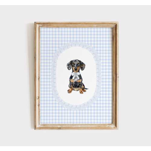 Dachshund Nursery Print, Blue Gingham Nursery Wall Art, Puppy Nursery Wall Art, Boy Nursery Wall Art Decor, Dog Wall Art Print, Blue Bow