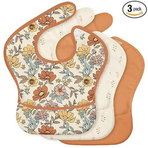 3-Pack Waterproof Baby Bibs for Eating - Mess Proof Lightweight Toddler Feeding Bibs with Large Food Catcher, Food-Grade Baby Eating Essentials, Easy to Put On & Clean(Retro Floral)