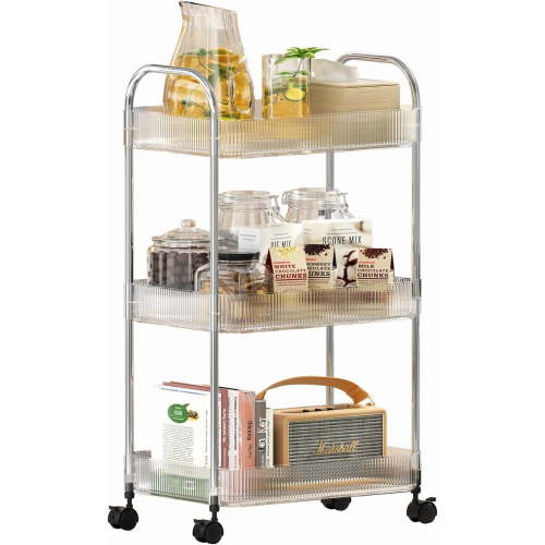 Jioakfa 3 Tier Rolling Cart Organizer With Wheels,Utility Trolley With Handle,Clear Acrylic Movable Cart Storage Organizer For Kitchen, Bathroom, Nursery, Laundry, Book, Snack,Craft Clear