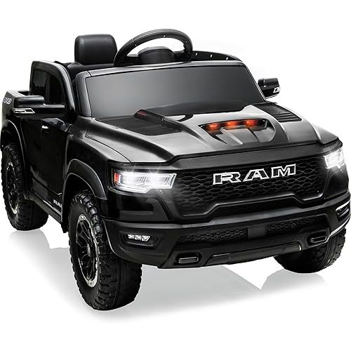 12V Licensed Ram 1500 Ride on Toy for Kids, Toddler Ride on Pickup Truck with Parent Remote Control, Electric Car for Kids with Truck Bed Storage, 3 Point Safety Belt (Black)