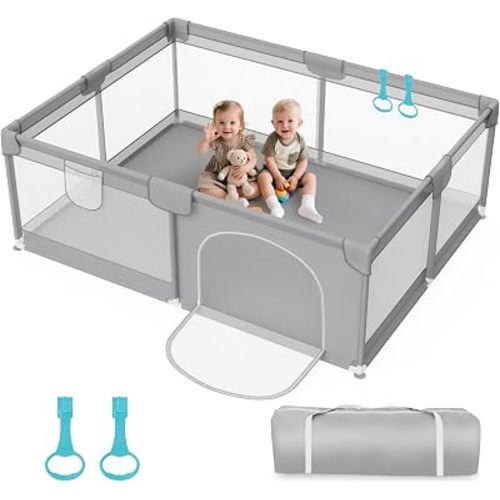 Baby Playpen 74"x50" Tool-Free Assembly for Toddlers with Pull Up Rings