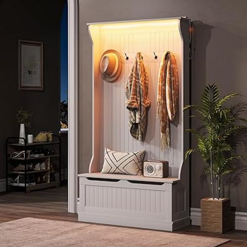 HOMCOM 3-In-1 Hall Tree with LED Lights and Shoe Storage, Standing Coat Rack with Shoe Bench, Entryway Furniture with Five Hooks, Gray