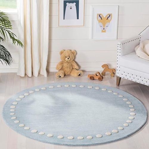 SAFAVIEH Kids Collection 5' Round Blue/Ivory SFK802M Handmade Polka Dot Border Wool Area Rug