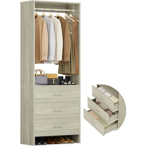 Aheaplus 2FT Closet System with 3 Drawers, 24’’ Closets Organizer, Wood Closet Organizer System, Walk-in Closets or Small Wardrobe, Clothes Rack with Hanging Rods, White Oak
