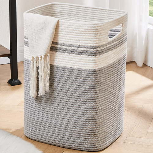 CHERISHGARD Cotton Laundry Basket 16x13x22 Woven Rope Laundry Hamper Large & Height Storage Laundry Basket