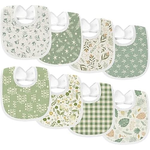 8 Pack Muslin Baby Bibs, Drooling and Teething Bibs for Boys Girls, Extra Absorbent Drool Bibs for Newborn and Infants, Baby Essentials for Unisex Babies