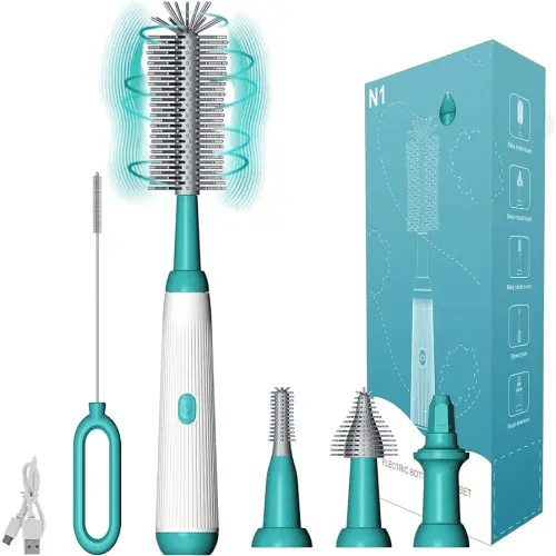 Electric Bottle Brush Cleaner Set with Baby Bottle Brush 4-Piece,Bottle Brush,Nipple Brush,Straw Brush and Extension Handle,USB Rechargeable,Gift for Pregnant Women and New Moms (Green)