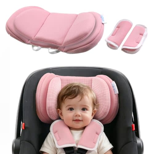 Infant Car Seat Head Support Pillow for Baby, Pink | 2-Layers Adjustable, Side Impact Protection Cushion for Newborn, Keep Baby's Head From Falling From Side To Side