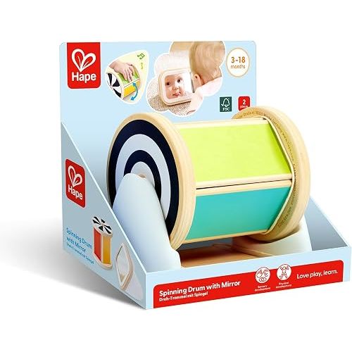 Hape Montessori Rotating Drum with Mirror - Colorful Educational Toy for Sensory Perception - Wooden Motor Skills Toy for Babies from 3 Months