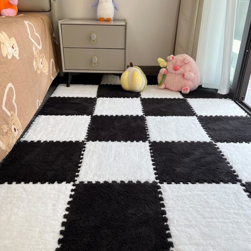 12Pcs Plush Foam Floor Mat,Plush Interlocking Carpet Tiles,Anti-Slip Square Puzzle Floor Mat,EVA Foam Area Rugs for Bedroom Playroom (White+Black)
