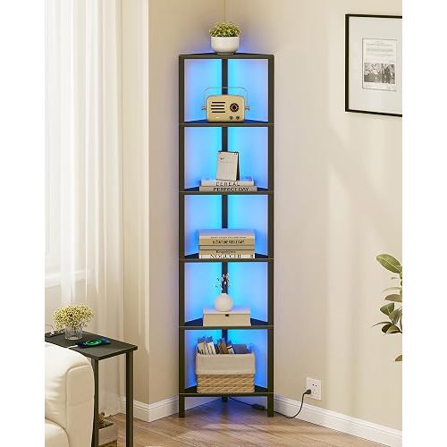 TUTOTAK Corner Shelf with LED Light, 6-Tier Corner Bookshelf