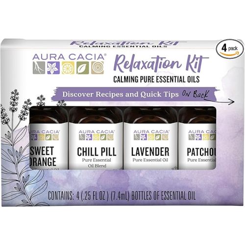 Aura Cacia Essential Oil Relaxation Kit, 4-Pack, Lavender, Patchouli, Sweet Orange, Chamomile, Sweet Basil & Learning Guide