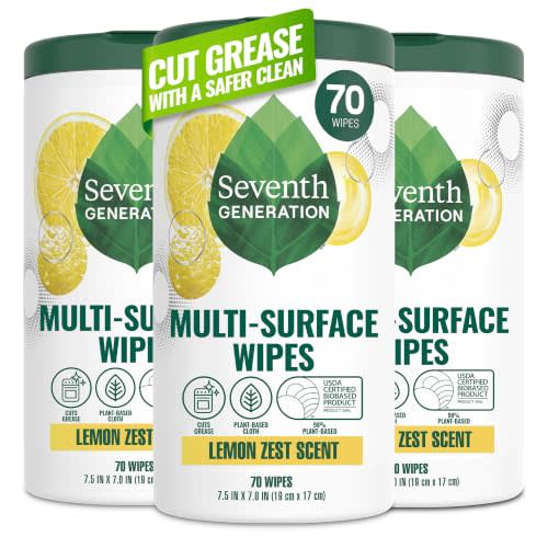 Seventh Generation Multi Surface Wipes, Pack of 3, for all purpose cleaning, lemon zest scent with 100% essential oils and botanical ingredients, 70 ct each