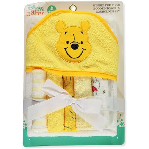 Cudlie Winnie The Pooh Bath Towel Set | Winnie The Pooh Hooded Baby Bath Towel | Includes Hoodie Towel & 5 Wash Cloths | Yellow/White | Officially Licensed