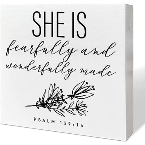 Nursery Desk Wooden Box Sign Decor for Girl, Fearfully and Wonderfully Made, Nursery Scripture Decor Baby Kid Children Room Desk Bible Verse Religious Decoration Baby Shower Baptism Christian Gifts